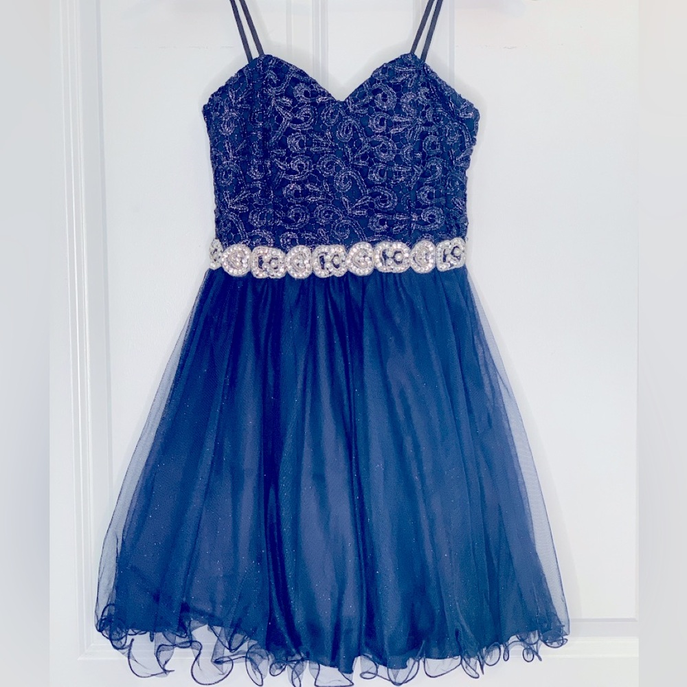 City Studio Navy Tule dress with Embellished Rhinestone Belt in Size 3